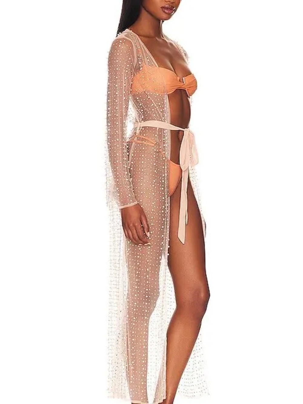 Beach Bunny Sheer Crystal & Pearl-Embellished Long Coverup in Nude/Peach - Picture 2 of 6